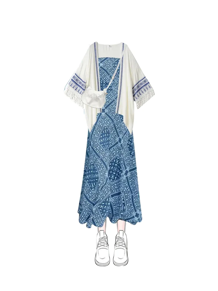 夏服 レディース トラベル エスニック スレ ド カーディガン トップス プラスサイズ スリム効果 ツーピースセット 韓国風 スレ ハイウエスト...