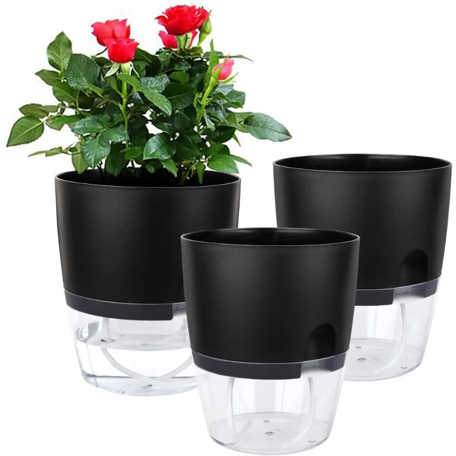 

6 Inch Self Watering Planter Pots for Indoor Plants 3 Pack African Violet Pots with Wick RopeBlack