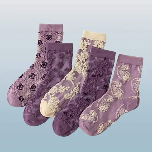 2024 neue Paare Retro lila kleine Blume drei dimensionale Relief trend ige All-Match-Persönlichkeit Muster Mid-Tube Socken