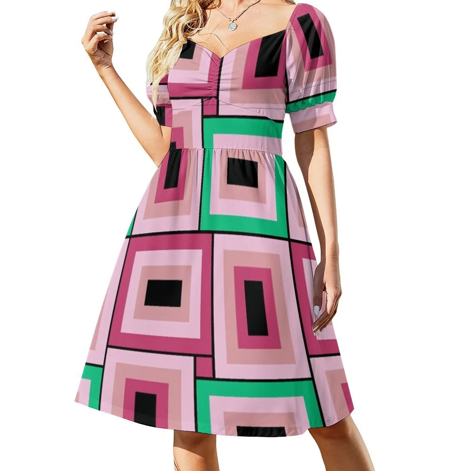 

Mid-Century Modern Pink And Green Rectangles Pattern Dress dresses korean style Summer skirt