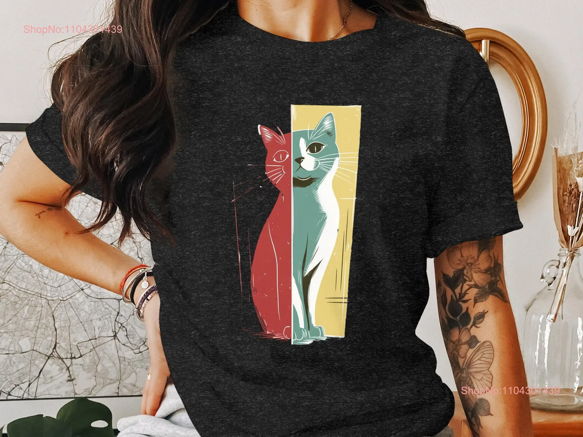 Cat T Shirt abstract art style dual tone coloured red and green feline long or short sleeves