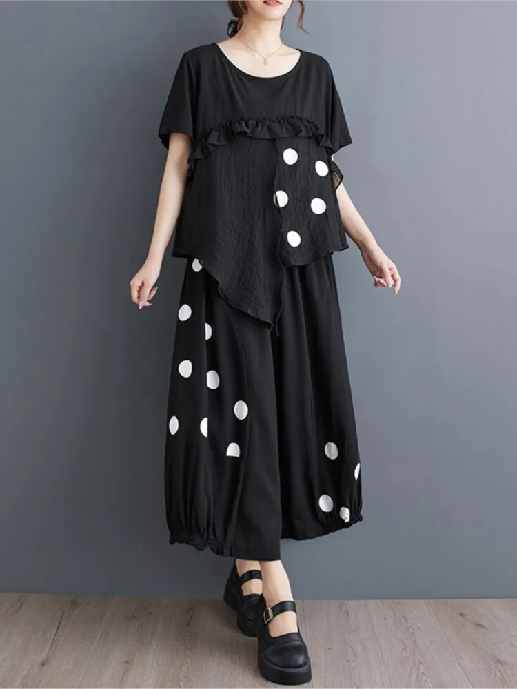 Oversized Polka Dot Print Summer 2 Two Piece Set Women Irregular Fashion Ladies Blouses Casual Loose Pleated Woman Lantern Pants