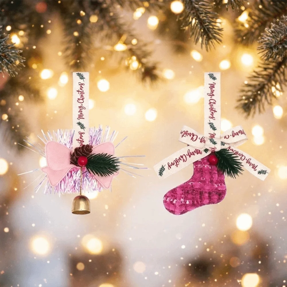 3D Christmas Bow Bell Pendant Sparkling Christmas Stocking Xmas Tree Pendant Pinecone Festival Christmas Jingle Bells Holiday