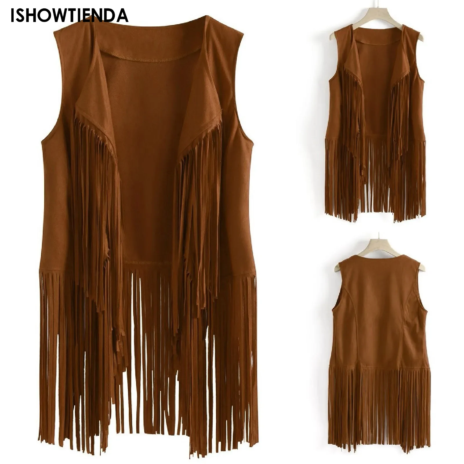 Women Faux Suede Vest Ethnic Sleeveless For Jacket Fringe Tassels Hippie Open Front Cardigan Vintage Waistcoat Vest Cardigan