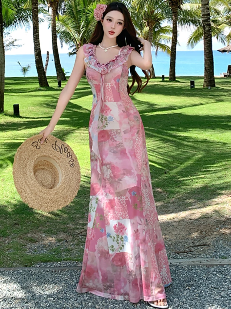 Abito da donna sexy con colletto arricciato floreale rosa Abito estivo Boho elegante di lusso maxi abito 2025 Abito da festa aderente vintage coreano
