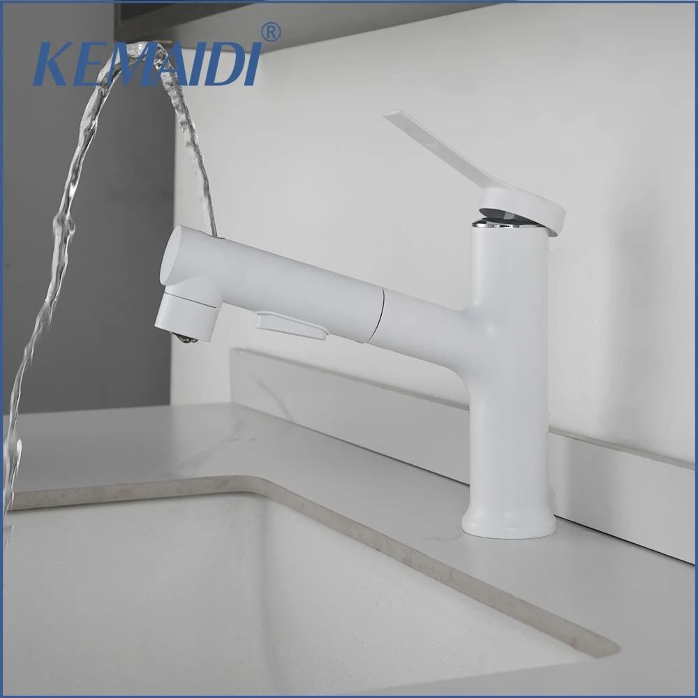 

KEMAIDI White Bathroom Basin Sink Faucet Pull Out Hot Cold Water Mixer Tap 3 Function Faucets Crane with Spray Deck Mounted