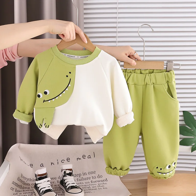 Childrens Clothing Spring Autumn Fashion Cute Patchwork Animal O-neck Long Sleeve T-shirts and Pants 2 Piece Boys Clothes Set