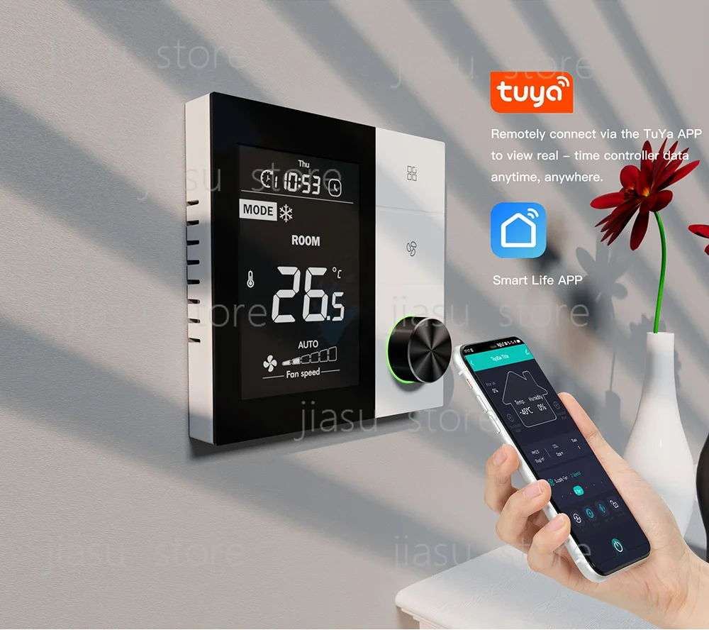 

Source Factory TUYA Thermostat FCU Fan Coil Unit Knob Thermostat AC 110-240V Rs485 Modbus Temperature Controller Thermostat