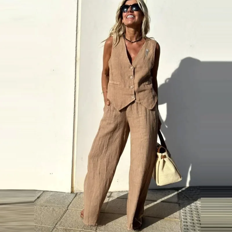 

Elegant V-neck Sleeveless Suit 2025 Fashion High Street Women's Clothing Spring And Autumn New Trousers Solid Color Temperament
