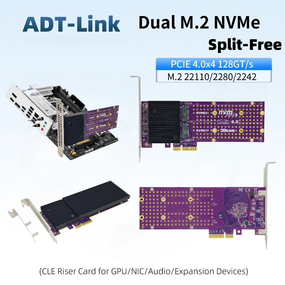 PCIe 4.0 x4 128GT/s Dual M.2 NVMe Expansion Card ASM B650 Chip Split-Free With Heatsink for 2 Slot 2242-22110 M2 SSD Motherboard