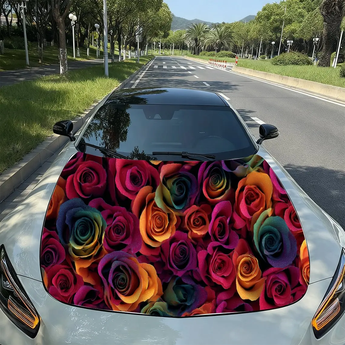 

Rainbow Rose Colorful Trend PVC Car Hood Wraps, Self-Adhesive Waterproof Car Bonnet Decal Sticker, Car Decoration Protection St