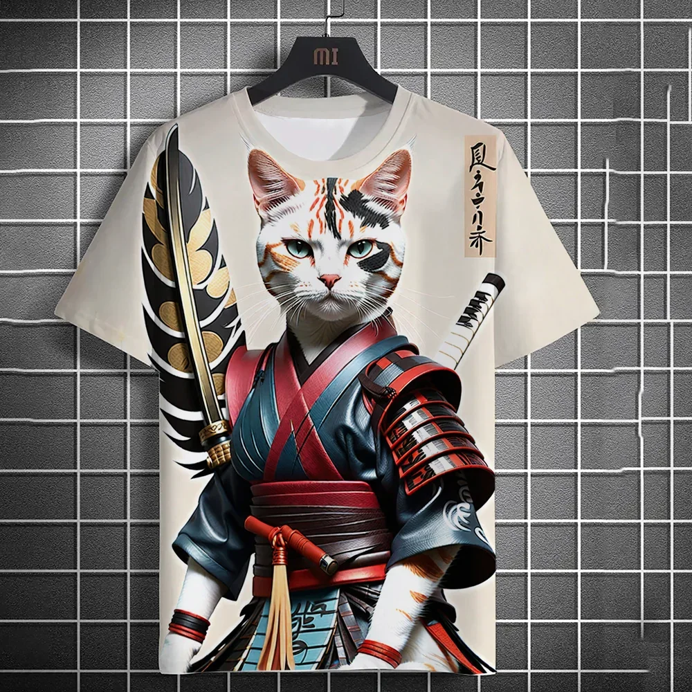 2024 Summer Men's Fashion Casual Print Men's Cat Warrior Guard with Knife Art Print Hooded T-Shirt Round Neck Street T-Shirt top