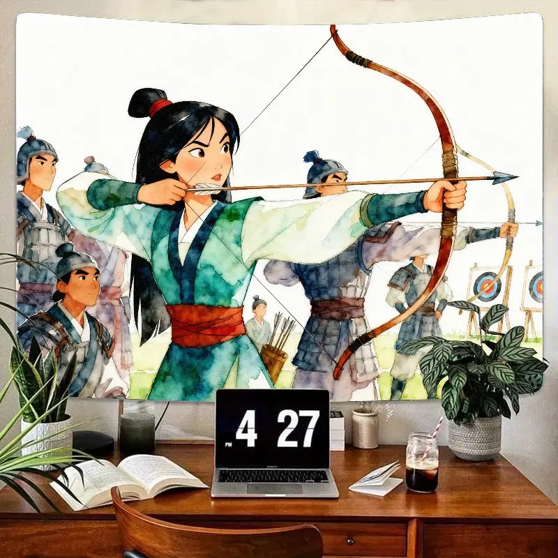 

1PC Mulan Warrior Archer Tapestry Chinese Legend Watercolor Wall Art Inspirational Polyester Home Decor for Living Room Bedroom