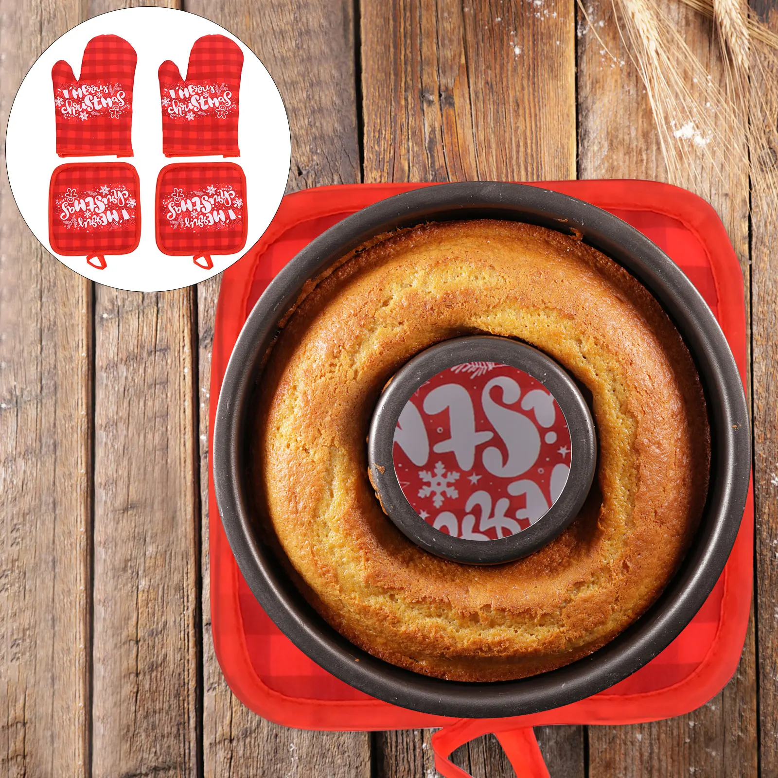 

2 set Christmas Printed Oven Gloves Anti-Scald Insulated Mats Set For Baking Cooking Microwave Heat Protection Kitchen Supplies