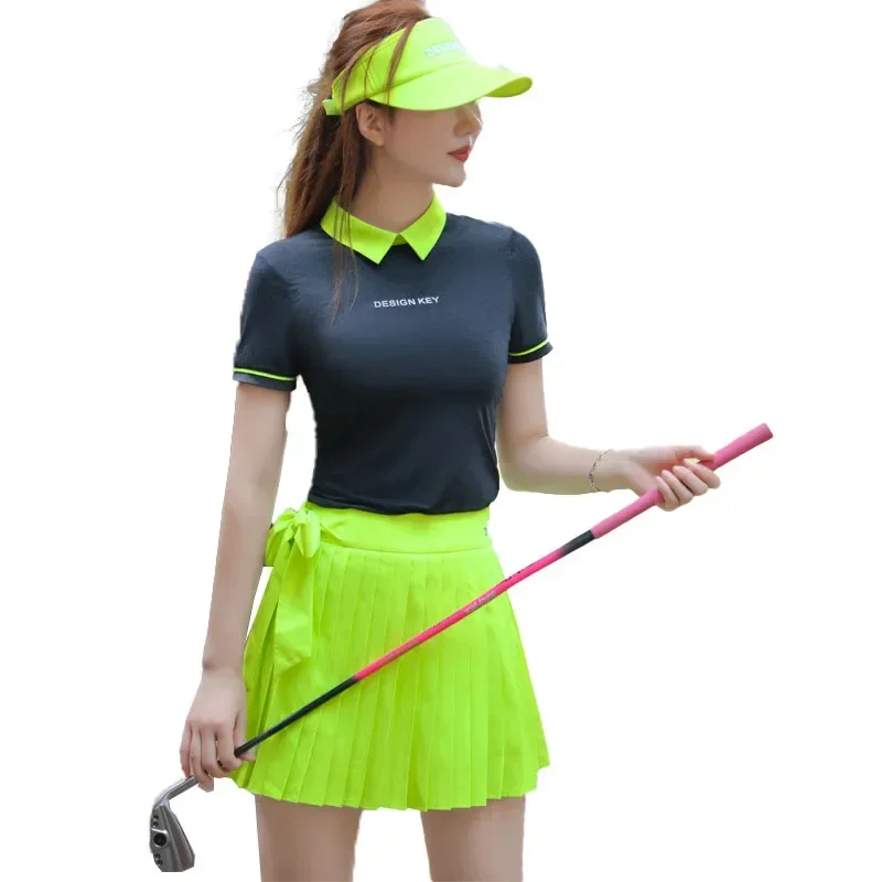 Damski DK oddychający koszulka Polo do golfa szczupły krótki rękaw t-Shirt damski szczupły do połowy spódniczka z wysokim stanem łuk szybkoschnący sportowy zestaw golfowy — zdjęcie 2