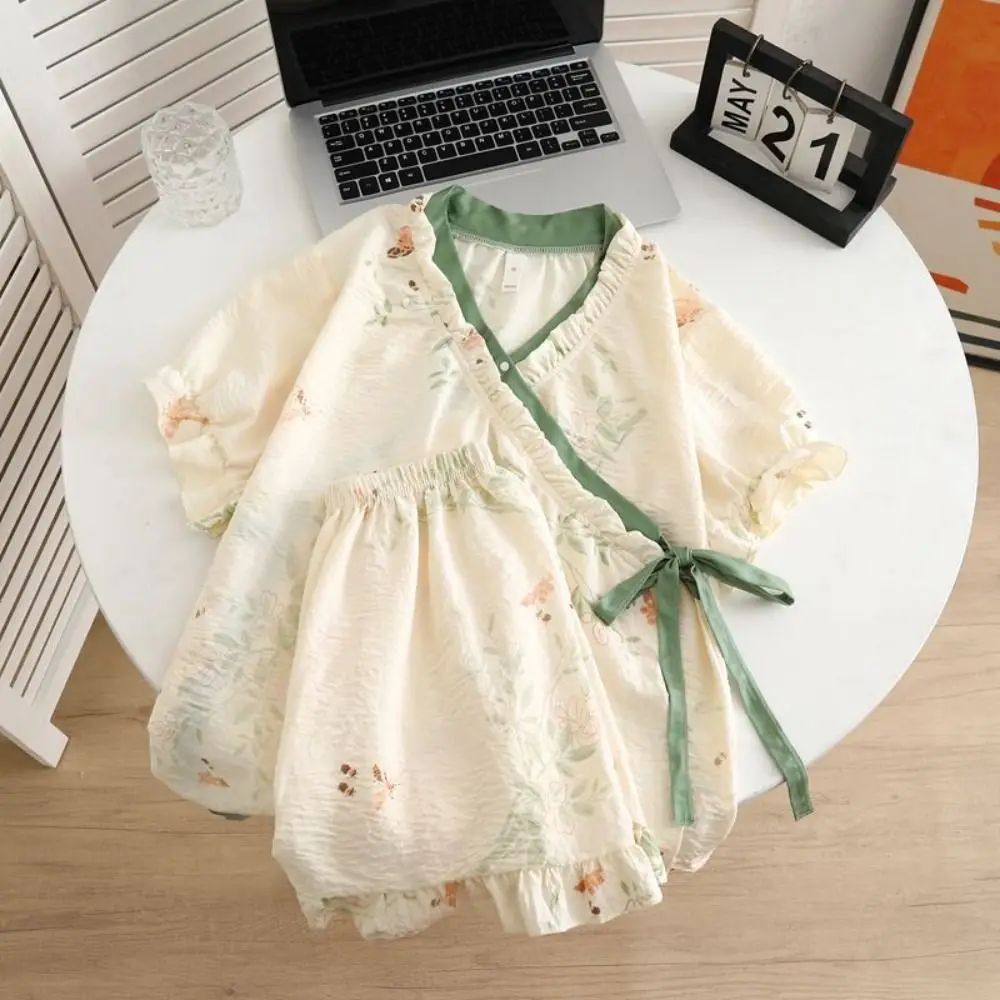 

New Chinese Style Lace Up Pajama Suit Flower Reffle Shorts Sleeve Nightwear Women Homewear Loose Two Pieces Sleepwear Sets