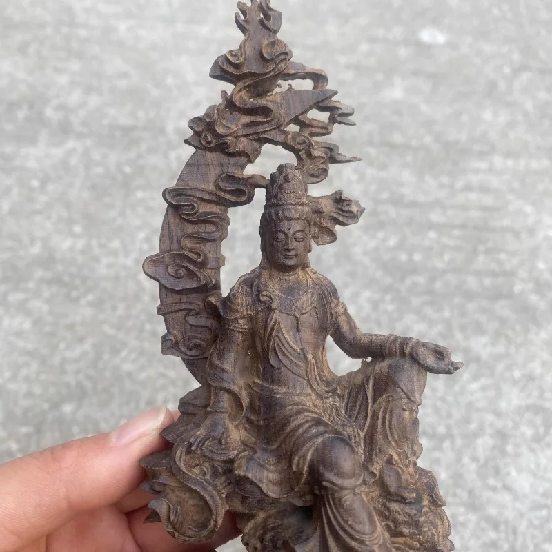 Exquisite Hand Carved wood Water Moon Guanyin Statue Figurine Kuan Yin Bodhisattva Ornament Home Living Room Temple Altar