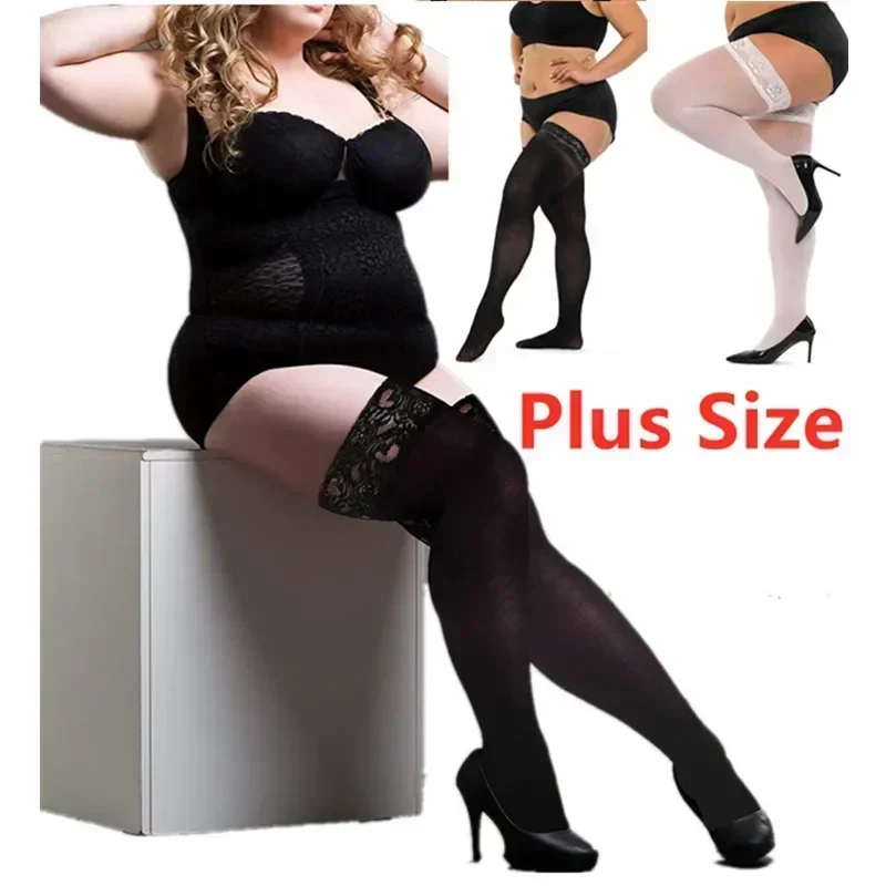 NEWJOINFUN Oversize Women Plus Size Stockings with Anti-slip Sheer Lace Top Sexy Thigh High Long Socks Large Stocking Oversized