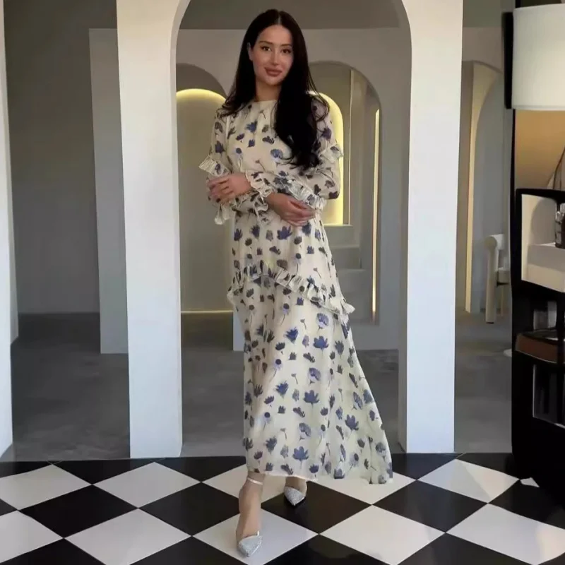 

New Gentle Style Floral Dress for Women, Round Neck Long Sleeve Ruffle Dress