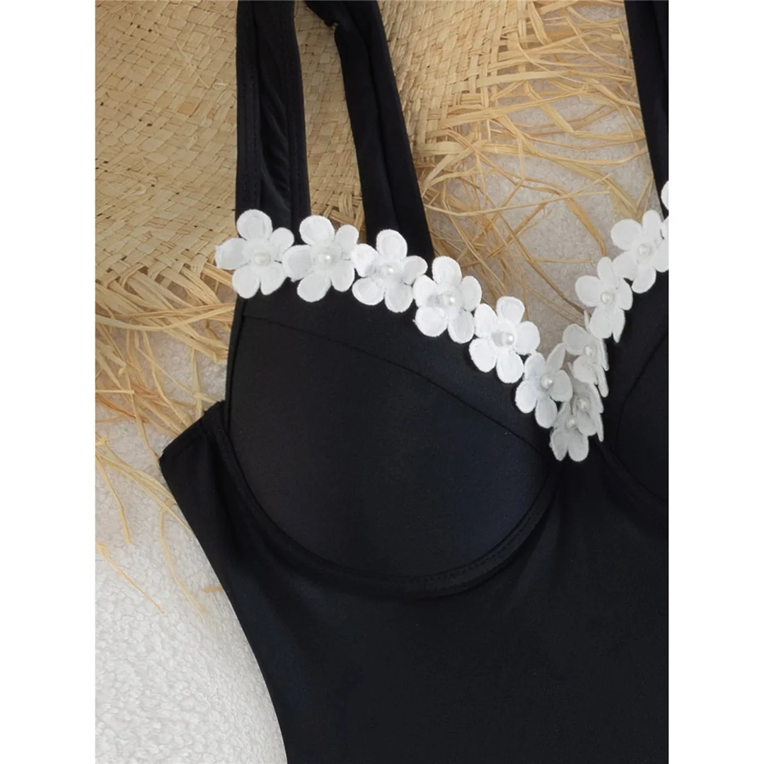 S - XL Neuer Badeanzug mit 3D-Blumen und Rock, mit Bügel, einteiliger Badeanzug für Damen, hoch geschnittene Beine, Badebekleidung, Badeanzug, Modell V7865 – Detail 5