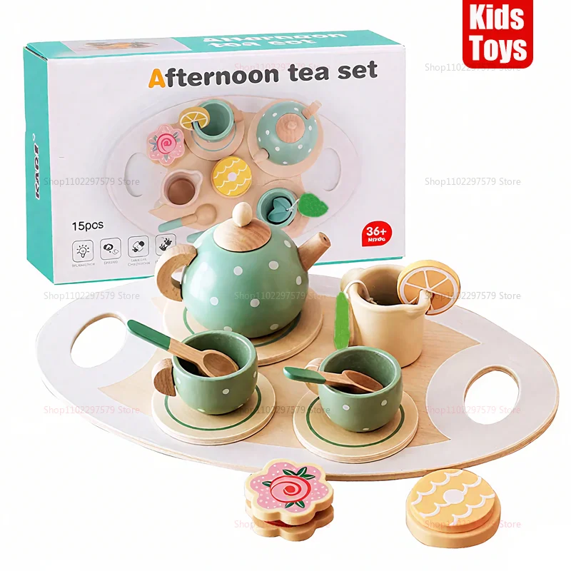 مجموعة ألعاب شاي بعد الظهر الخشبية للأطفال، ملحقات المطبخ، حفلة الشاي، الطعام، ألعاب تعليمية مبكرة للأطفال الصغار، هدايا الأولاد والبنات