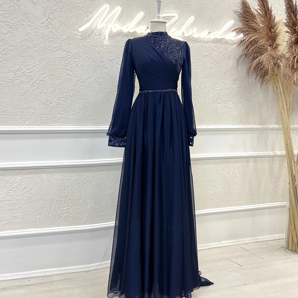 

Elegant Islamic Clothing Evening Dresses High Neck Long Sleeves Formal Party Gown Chiffon Beading Lace A-Line Robes De Soirée