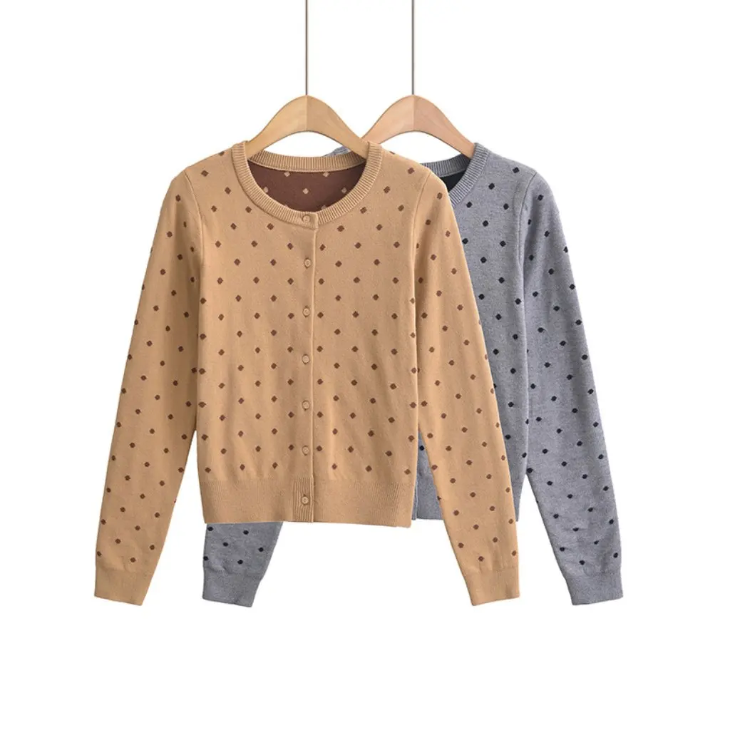 

Women's Vintage Polka Dot Long Sleeve Knitted Cardigan Autumn Korean Style Slimming Crewneck Sweater Jacket