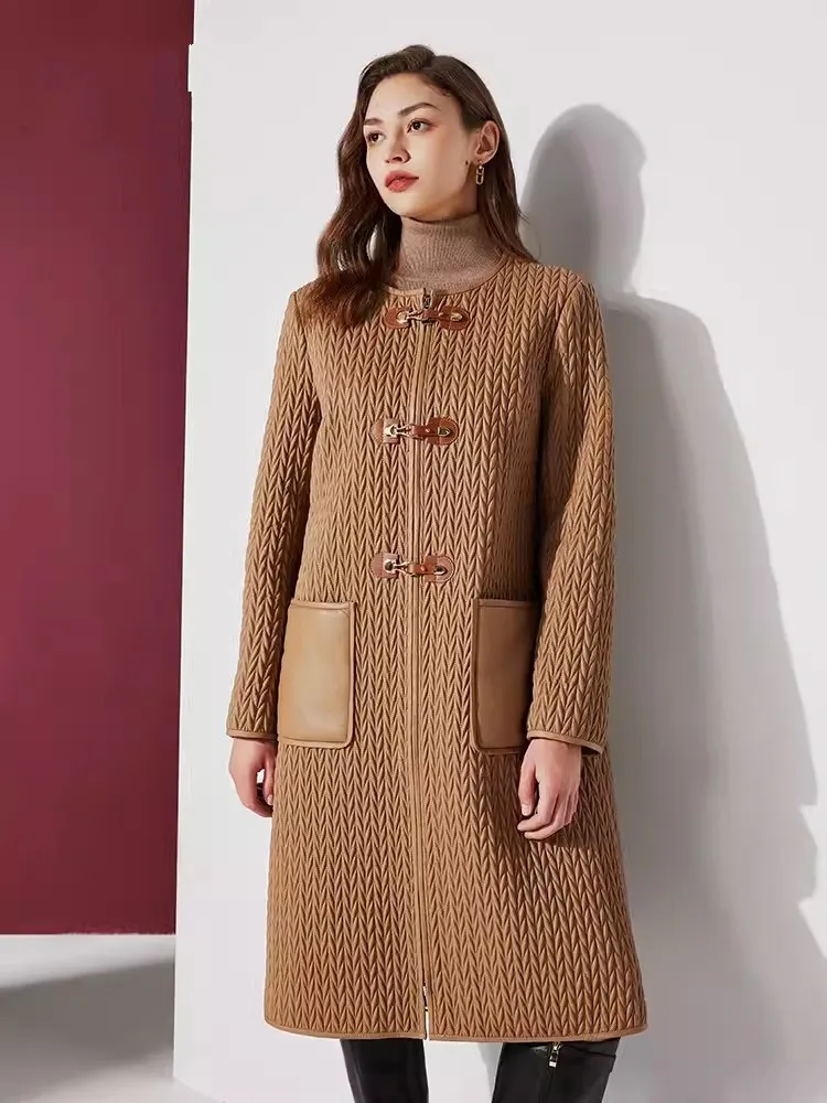 Elegant Office Ladies Winter Warm Padded Long Sheepskin Genuine Leather Jacket Vintage Single Breasted Straight Trench Overcoat