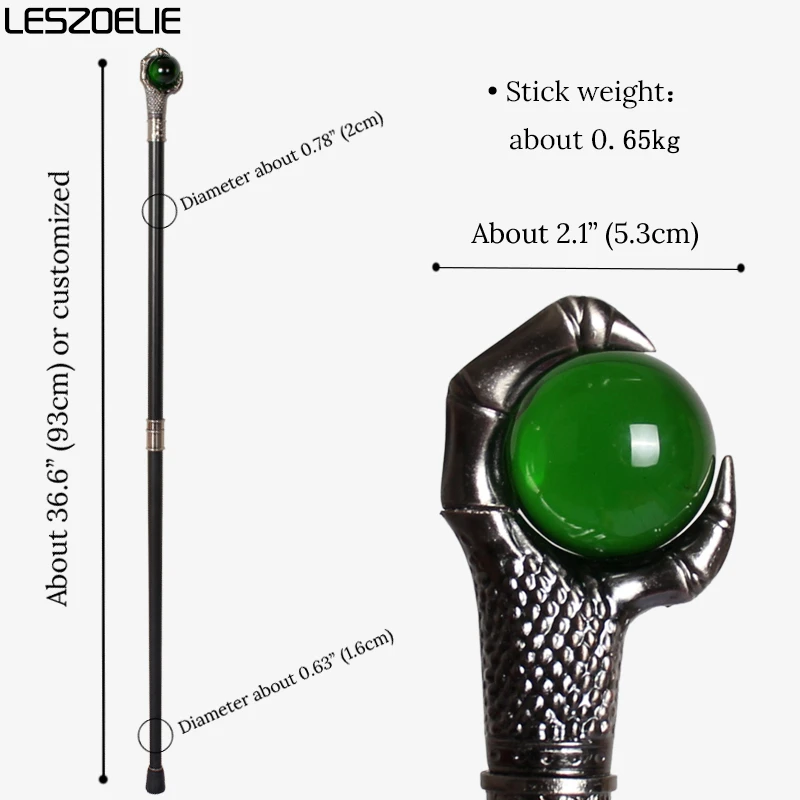 Luxuriöse silberne Drachenklaue mit smaragdgrüner Kristallkugel, Gehstock, Mann, eleganter Vintage-Stick, Damenmode, Partystock