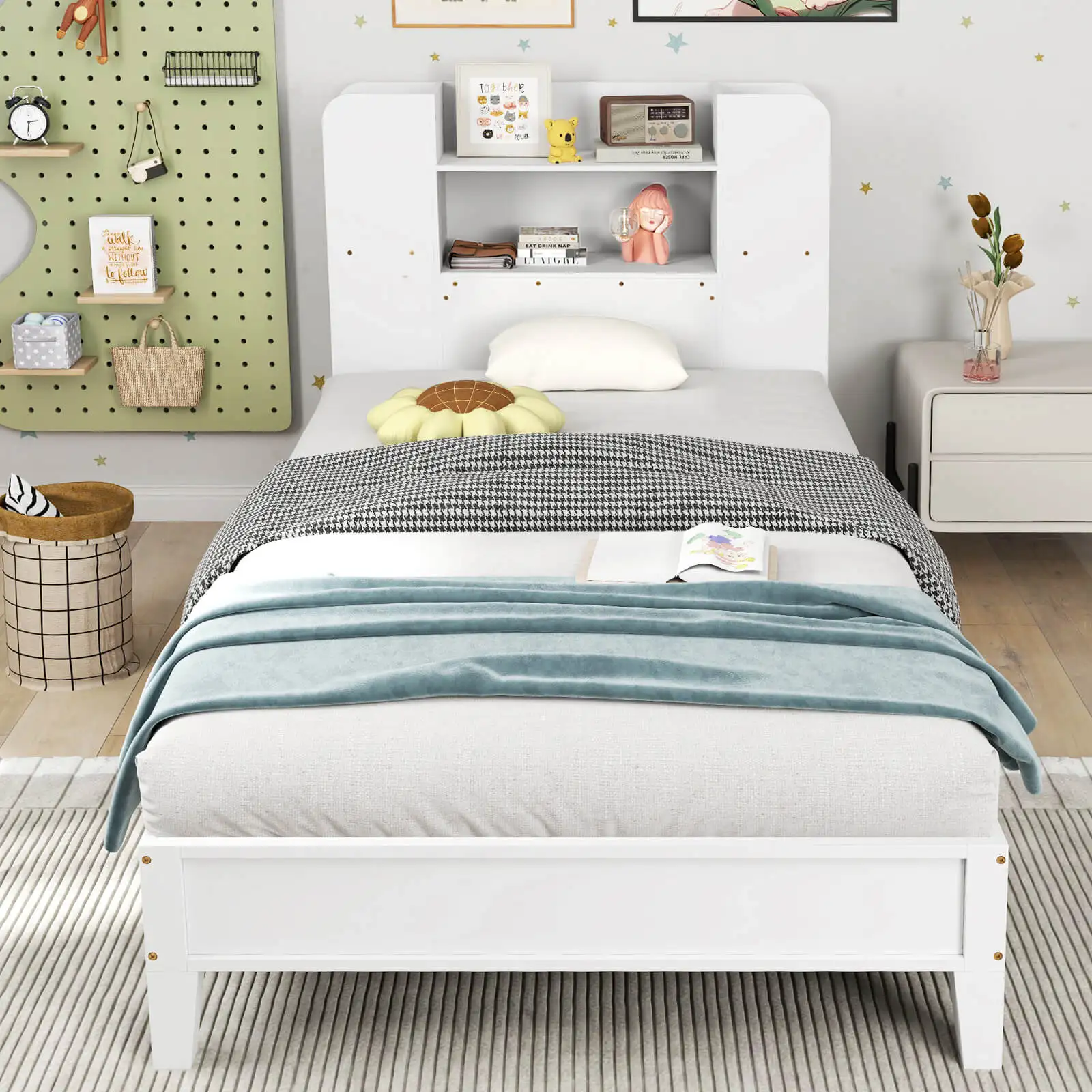 Twin Size Bed Frame Wooden Platform Bed Kids Bed Frame with Bookcase Headboard