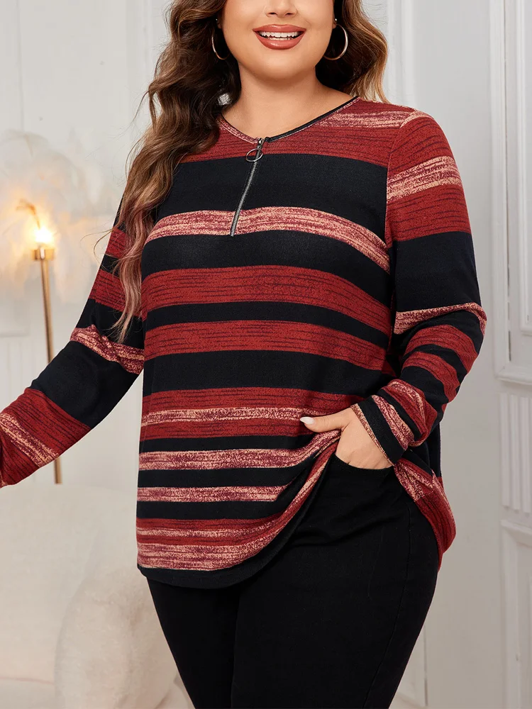 Gibsie Plus Size O-Ring Zip Aan De Voorkant O-hals T-Shirt Vrouwen Herfst Nieuw Gestreept Casual Lange Mouw Losse Vrouwelijke Tops Tees 2024