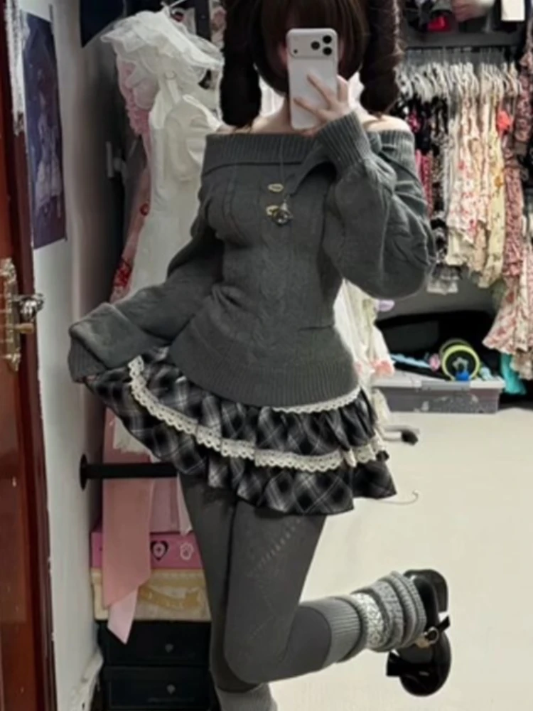 

Японский винтажный комплект из 2 предметов: женский свитер с воротником-стойкой и ушками кролика + юбка, в стиле преппи, с завышенной талией, вязаный, в стиле Харадзюку, милый и шикарный наряд