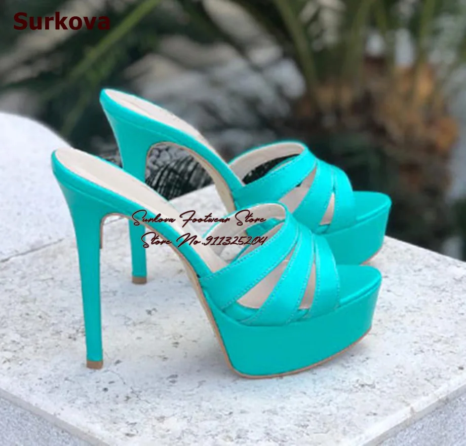 

Surkova Turquoise Satin Cloth Platform Modern Slippers Stiletto Heels Slip-on Sandals Triple Silk Straps Dress Pumps Size46