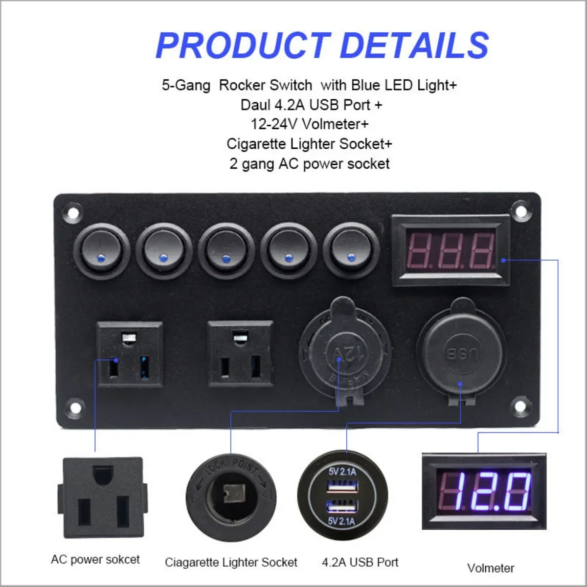 

12-24V RV Modified Ship Car Universal Cat's Eye Switch Panel European Standard Socket Voltage Digital Display