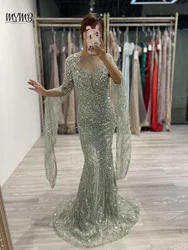 MYMB Green Elegant Crew Neck Long Sheer Sleeves With Cap Sleeve Evening Holiday Gown Sparkly Mermaid Mother Of The Bride Dresses