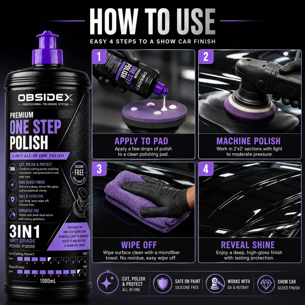 OBSIDEX Premium One Step Polish – 3‑in‑1 Cut, Polish & Protect, Swirl & Oxidation Remover, Mirror Gloss Finish