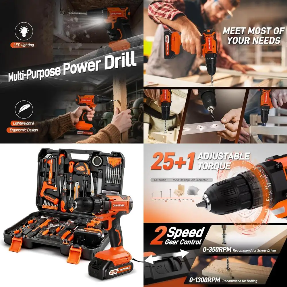 

20V Cordless Drill Driver Set, 120-Piece Hand Tool Kit for Men, Ideal for Home, Office, Garden, and DIY Projects
