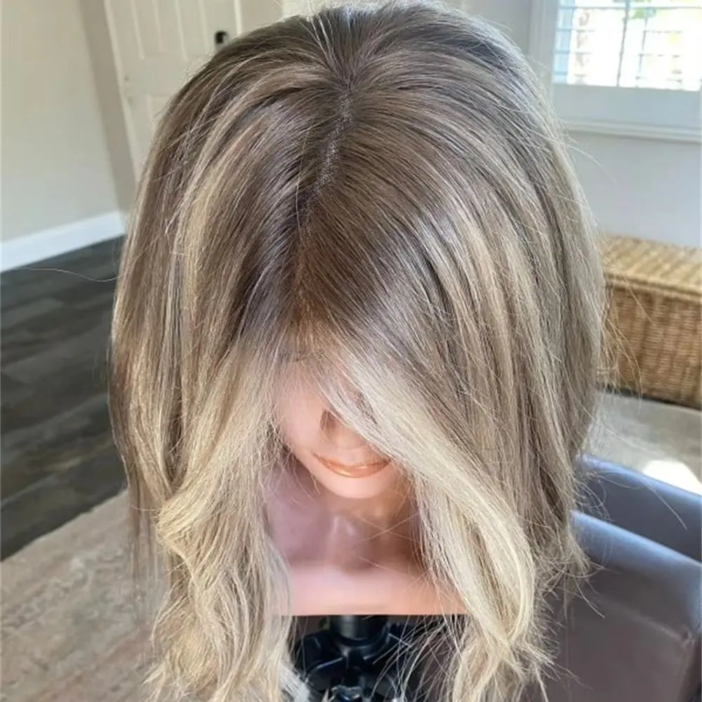 

Синтетический парик с кружевной передней частью, средней длины, с естественной волной, блонд, для женщин, парик для косплея с имитацией корней, термостойкий, без искусственного блеска