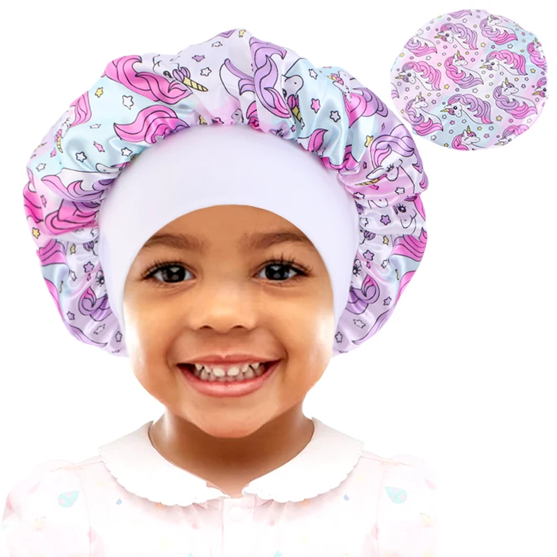 Cartoon Baby Kids Print Satin Bonnet Sleep Hat Cap for Curly Hair Adjustable Silky Satin Cap for Toddler Night Sleep Caps Beanie