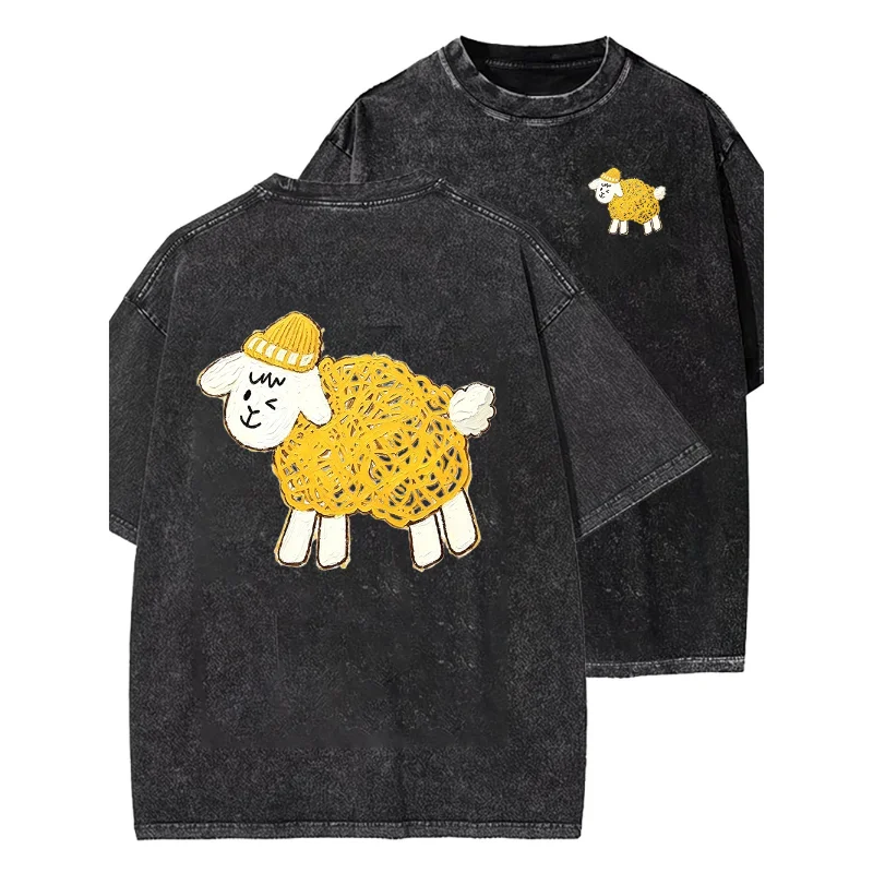 Vintage Washed Cute Sheep Graphic T‑Shirt Yellow Wool Lamb Print T Shirt Unisex Short Sleeve Aesthetic Oversized Streetwear Tops
