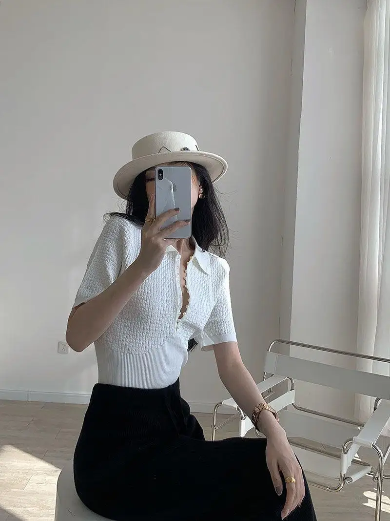 White top knitted short-sleeved T-shirt 2024 new style short polo collar shirt design for summer