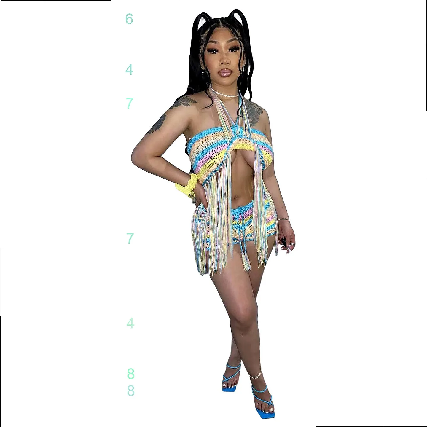 Multicolor Hand Crochet Knit Fringe Matching Set Women Jumpsuit Playsuit Overall Spring Summer