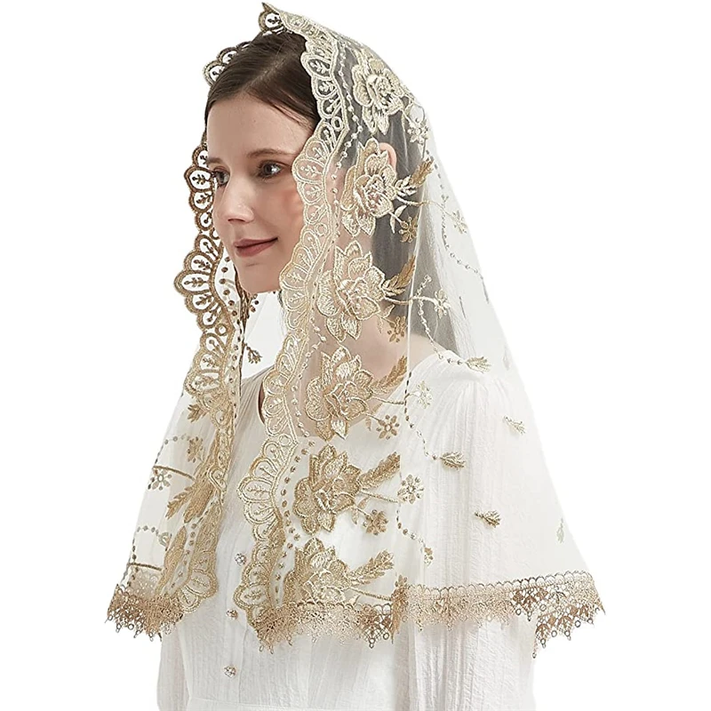 Catholic Veils for Women Mass Lotus-Shaped Gold Embroidered Venice Spanish Style Chapel Head Covering Christian Prayer Purple