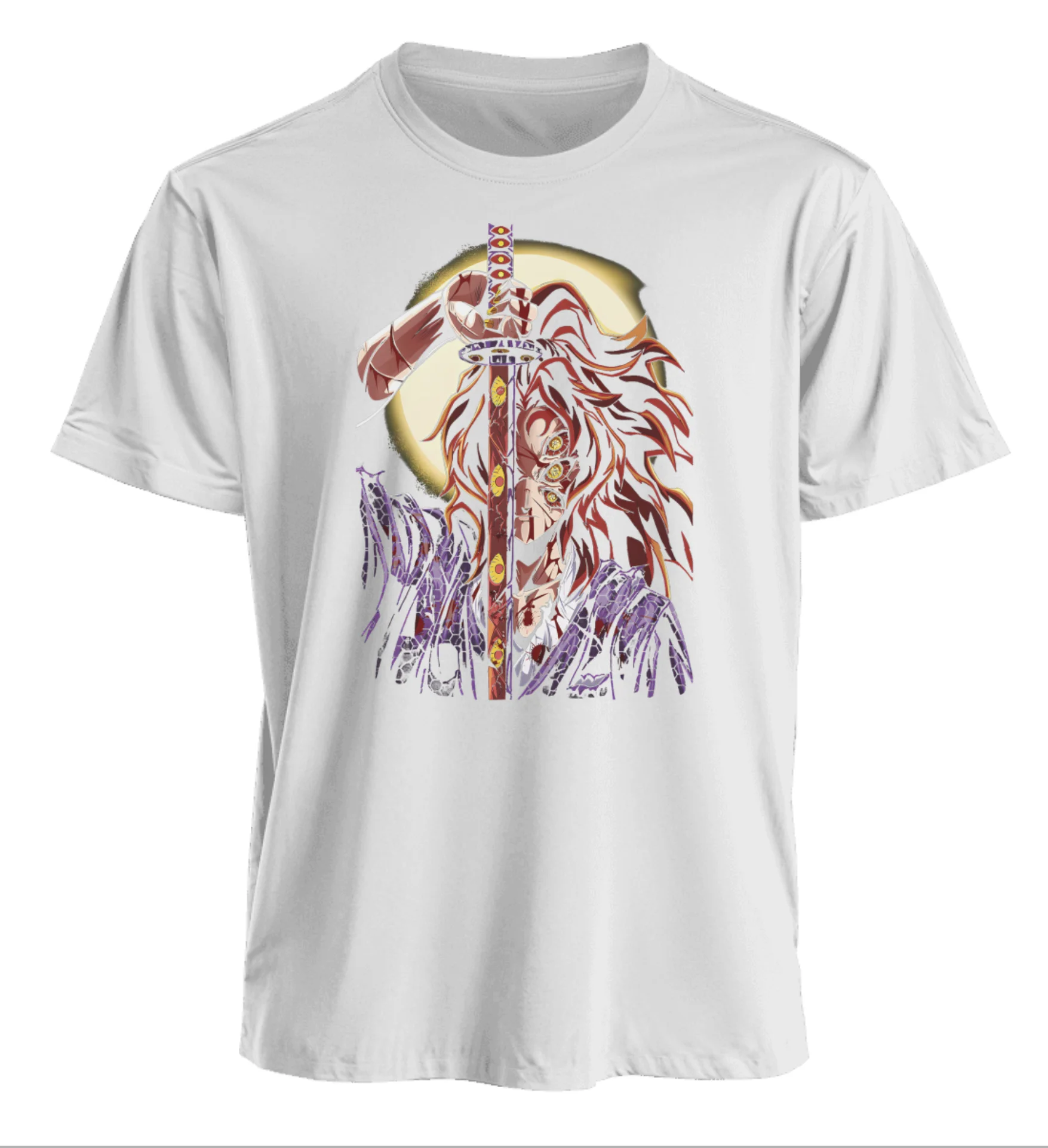 T-shirt anime Demon Slayer Rengoku Kyojuro con pelo rosso ardente e spada Katana, maglietta in cotone con scena di battaglia al chiaro di luna per i fan