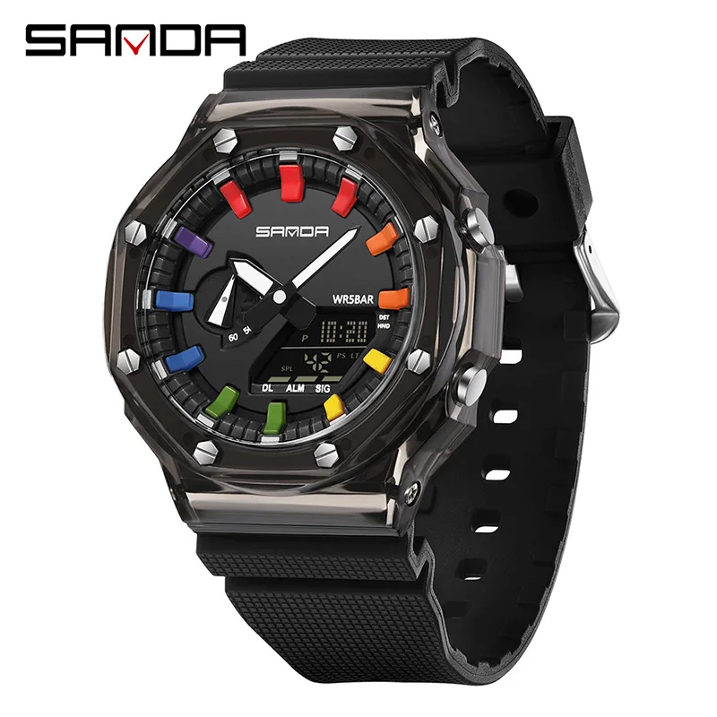 SANDA Men's and Women's Watches Transparent Personality Electronic Watch Multi-functional Swimming Waterproof Watch
