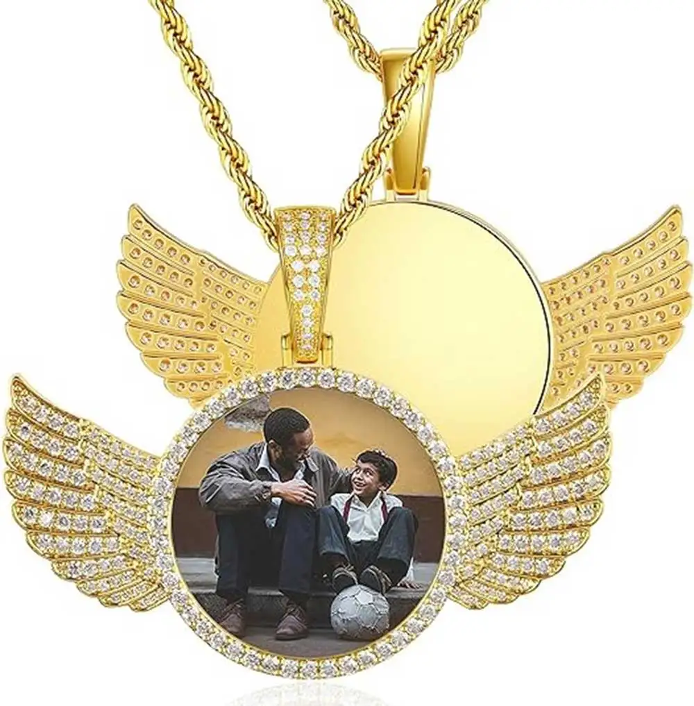 

Custom Angel Wing Memory Photo Medallion Necklace Iced Out Personalized Memorial Picture Pendant Hip Hop Men Women Tennis Chain