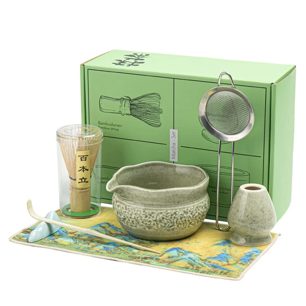 

5PCS Ceramic Bamboo Japanese Matcha Tea Set Matcha Bowl Matcha Whisk Holder Matcha Making Kit Reusable Tea Ceremony Accessories