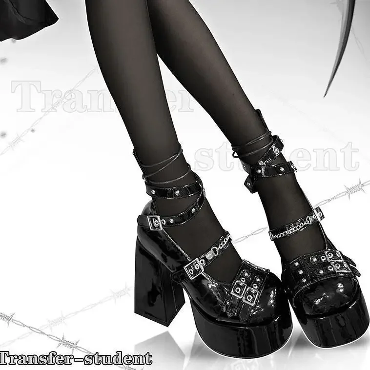 Transfer Student Thorn Round Head Shoes Lolita High Heels Punk Gothic Style Punk Waterproof Shoes PU Bar Shoes