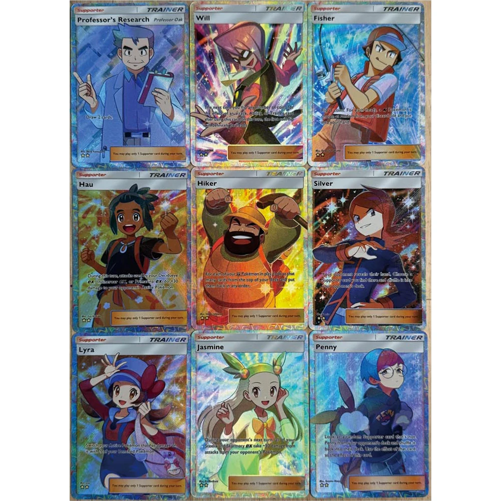 9 قطعة/المجموعة الإنجليزية Ptcg المدرب بيني ياسمينينا ليرا الفضة الانكسار اللون فلاش بطاقة الذاتي الكلاسيكية أنيمي جمع بطاقات لعبة