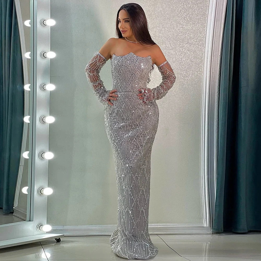 Robe de soirée sirène élégante à manches longues pour femmes, avec traîne détachable, perlée, robe formelle de bal de mariage, personnalisée, 2025